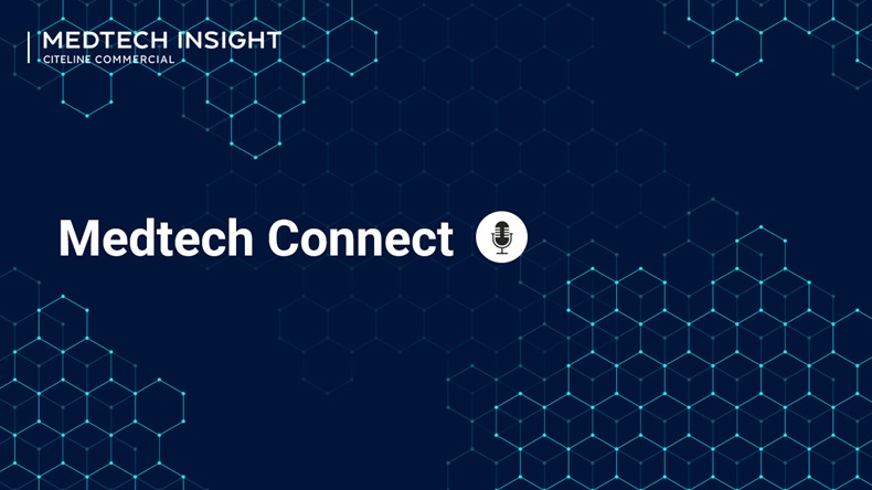 Text that reads "medtech connect" with a podcast microphone graphic over a navy blue background with light blue outlined cubs around the corners and edges