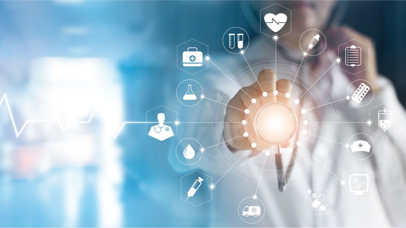 Medicine doctor and stethoscope in hand touching icon medical network connection with modern virtual screen interface, medical technology network concept - Image 