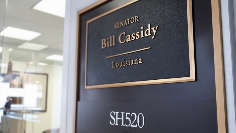 A sign outside Louisiana Republican senator Bill Cassidy's office in Washington DC.