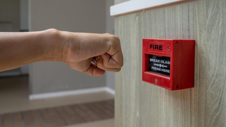 Fire alarm box with human hand action to crush the glass for emergency situation