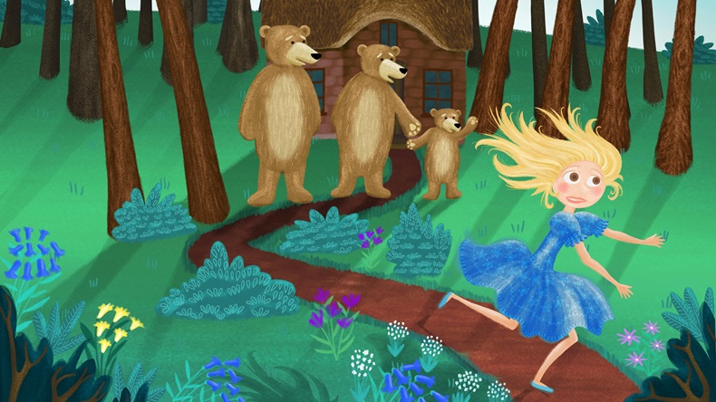 An illustration of Goldilocks looking frightened and escaping from the three bears.