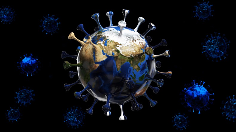 Planet Earth transforming to a COVID-19 virus, with other viruses in the background.