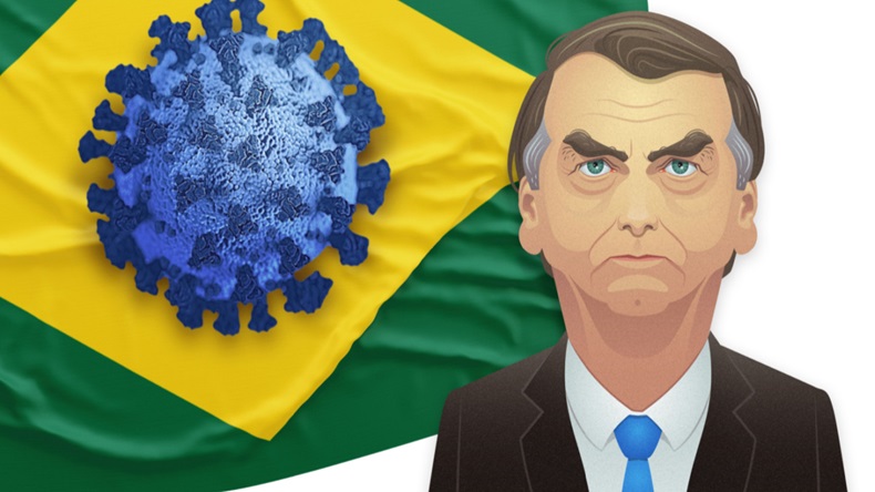 Cartoon of Brazilian President Jair Bolsonaro in front of a Brazilian flag with a COVID-19 image superimposed.