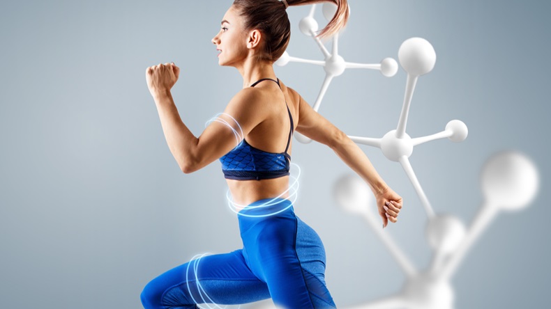 Sporty young woman runing and jumping near molecules. Metabolism concept.