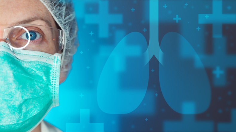 Close-up of a doctor against a blue background next to a silhouette of lungs.