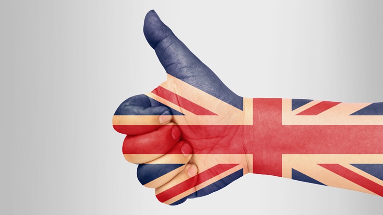 UK flag on thumb up gesture like icon