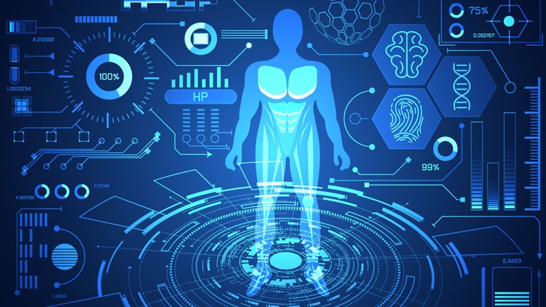abstract technology science concept human data health digital : hud interface elements of medicine analysis fingerprint,brain,DNA and percent vitality innovation on hi tech future design background 