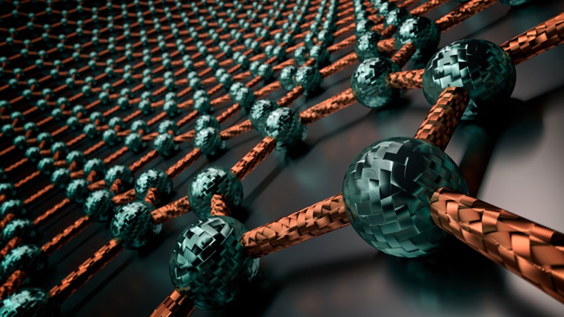 3D rendering of graphene surface, blue atoms and orange bonds, glossy black surface - Illustration 