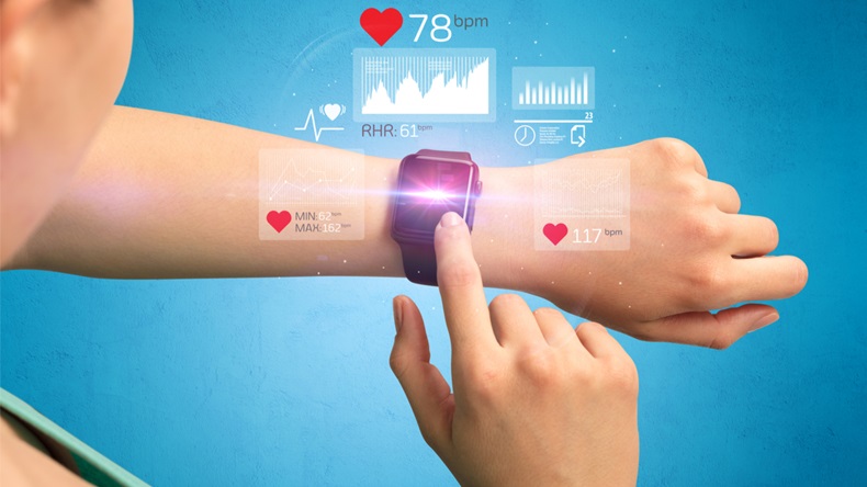 Female hand with smartwatch and health application icons nearby. - Image 