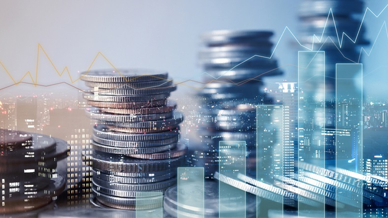 Double exposure of graph and rows of coins for finance and business concept - Image 