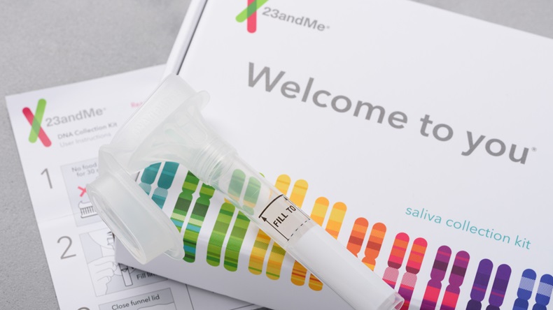Kiev, Ukraine - 17 October 2018: 23andMe personal genetic test saliva collection kit, with tube, box and instructions. Illustrative editorial. - Image 