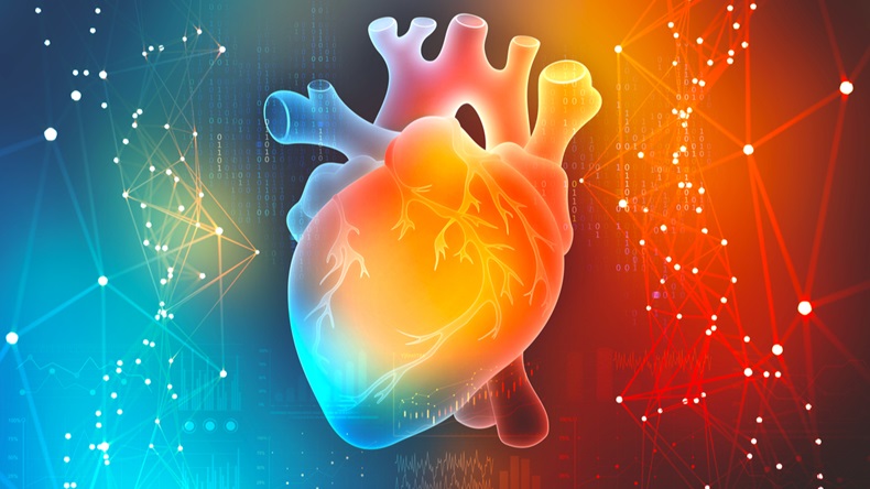 Human heart. Digital technologies in medicine. Innovations in healthcare. 3D illustration on a colorful background