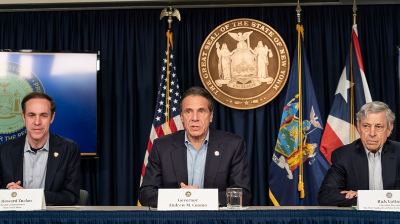 New York, NY - February 2, 2020: Governor Andrew Cuomo with Dr. Howard Zucker & Rick Cotton updated press on status of testing for novel coronavirus in New York State at 633 Third Avenue