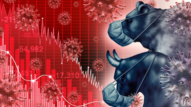 Global economy pandemic fear and economic coronavirus fear or virus outbreak and Stock market fears as a bull and bear sick financial health as a business recession with 3D illustration elements.