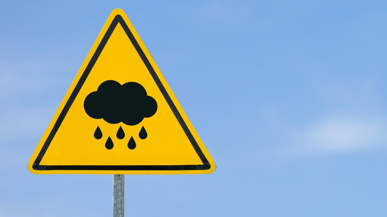 cloud with raindrops falling down yellow triangle warning sign, warning sign, lable, Yellow warning sign, Yellow sign on the sky background