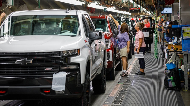 Trucks come off the assembly line at GM's Chevrolet Silverado and GMC Sierra pickup truck plant in Fort Wayne, Indiana, U.S., July 25, 2018. Picture taken on July 25, 2018.