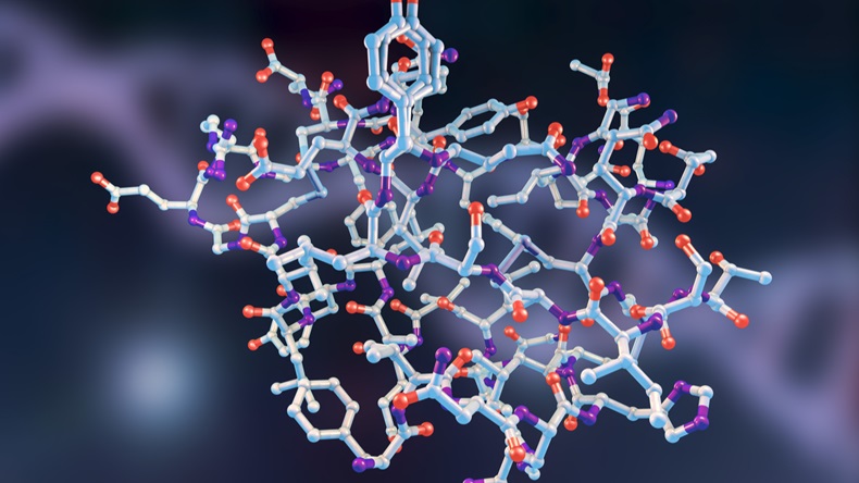 Molecular model of insulin molecule, 3D illustration