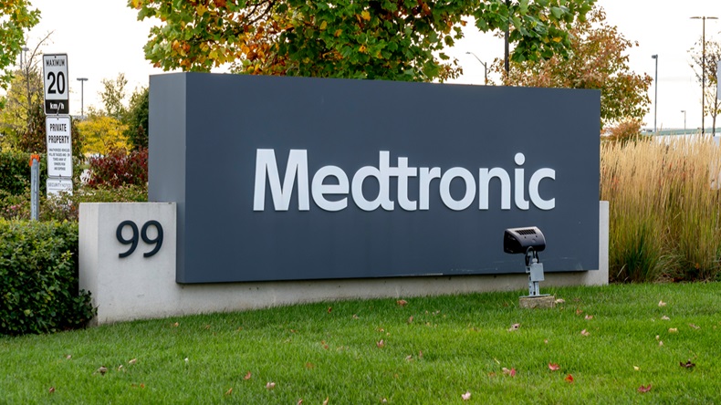 Brampton, Ontario, Canada- October 5, 2019: Sign of Medtronic at Canada Headquarters in Brampton, Ontario, Canada. Medtronic is among the world's largest medical equipment development companies.