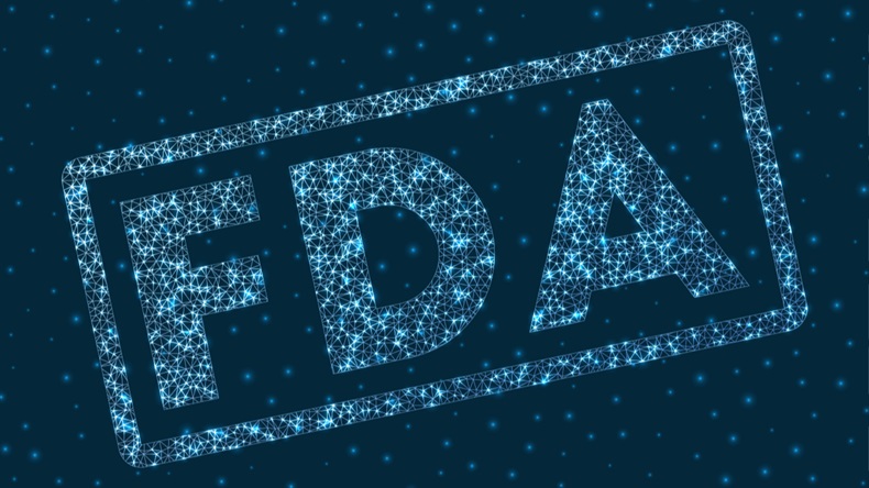 FDA word in digital style. Glowing geometric FDA badge. Neat vector illustration.