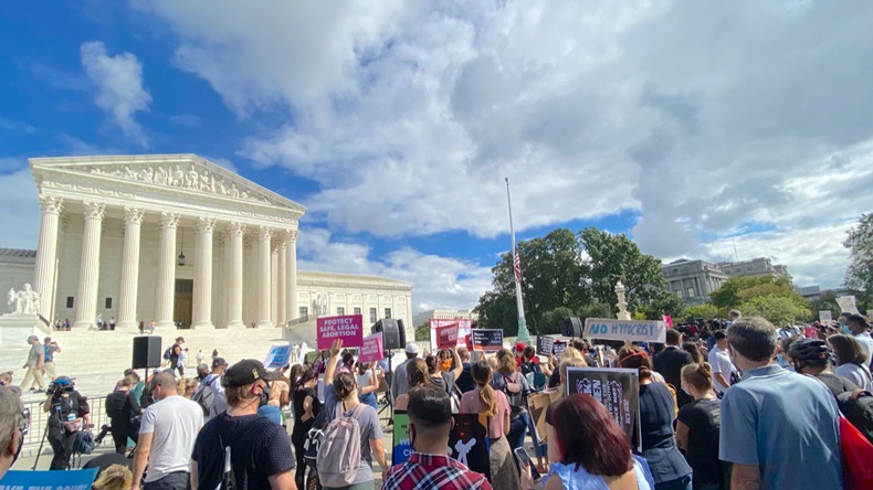 WASHINGTON D.C., USA - SEPTEMBER 27, 2020: Protestors gather outside the Supreme Court to protest the nomination of Amy Coney Barrett.