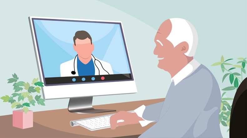 Illustration of an older man staying at home consulting a doctor through video call