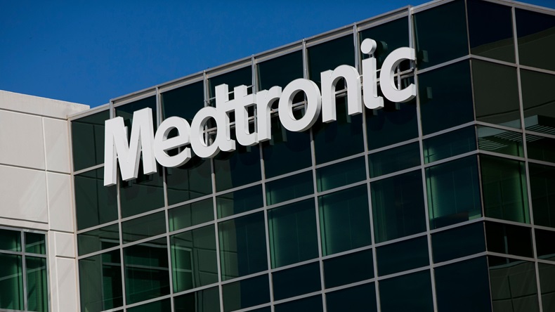 A logo sign outside of a facility occupied by Medtronic.