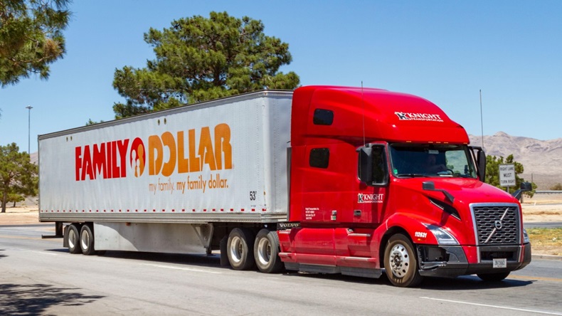 Family Dollar semi-truck with trailer on a street in Jean, Nevada