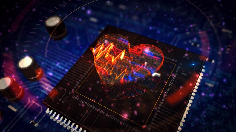 Cyber heart pulse futuristic 3D rendering illustration. Concept of romance, love, health, medicine and advanced cybernetic technology. Abstract digita - Image ID: 2AAFJ6F
