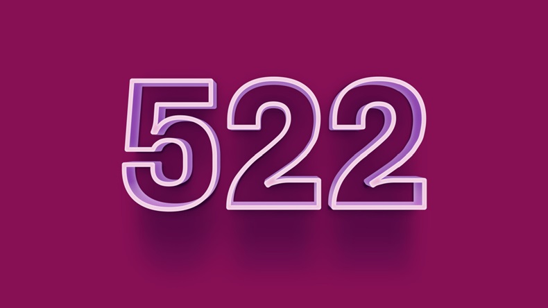 3D illustration of the number 522 against a maroon background.