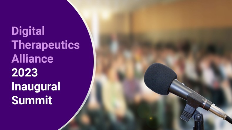Microphone on blurred background with a semicircle purple banner on the side that reads: Digital Therapeutics Alliance 2023 Inaugural Summit