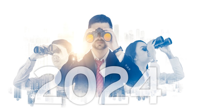 People in business attire peep through binoculars behind the word 2024.