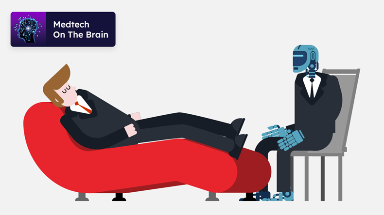 Medtech On The Brain - Robot psychologist. Man Reception of Cyborg psychotherapist. Vector illustration.