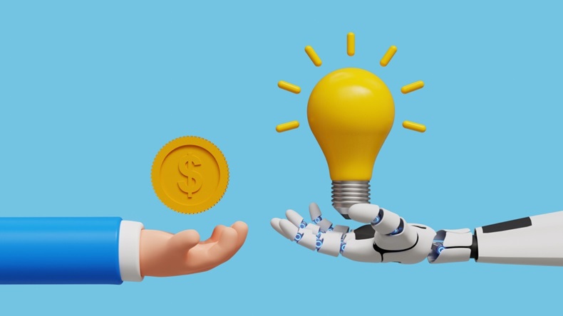 Illustration of human hand offering a coin to a robot offering a lightbulb, symbolizing reimbursement for AI. 