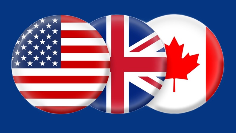Round buttons showing the flags of the US, UK and Canada against a blue background. 